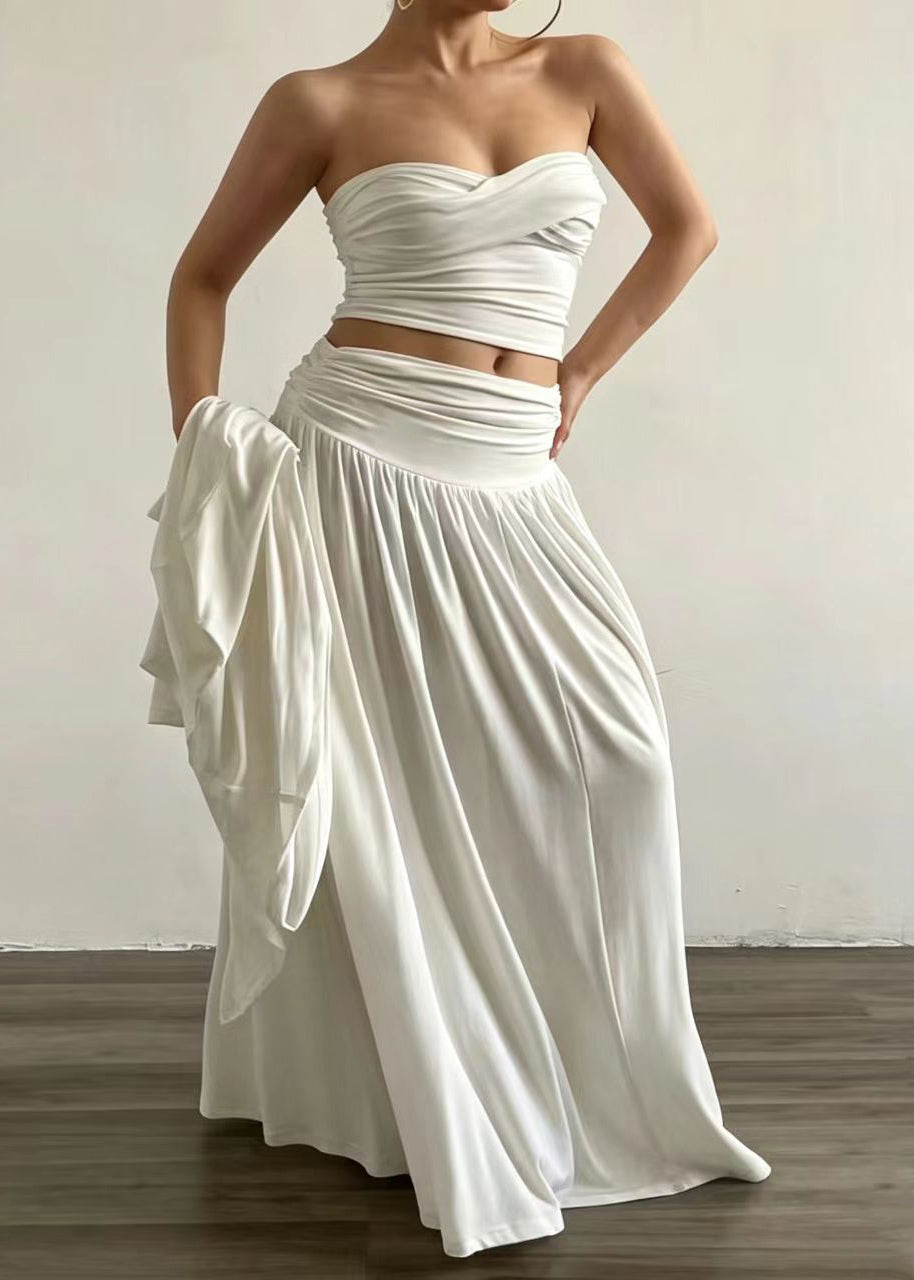 Elegant White Strapless Wrinkled Cotton Two Pieces Set Summer