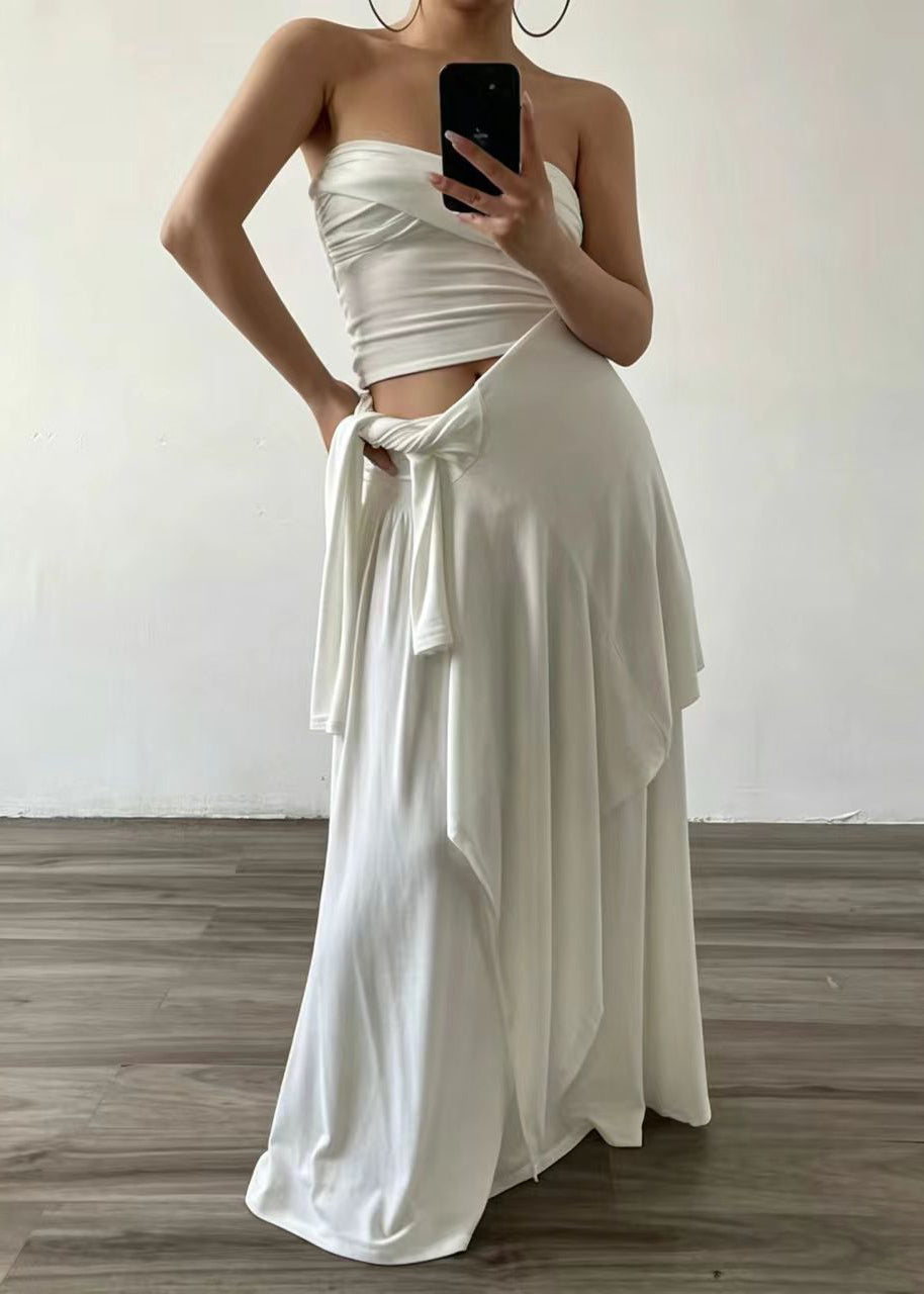 Elegant White Strapless Wrinkled Cotton Two Pieces Set Summer