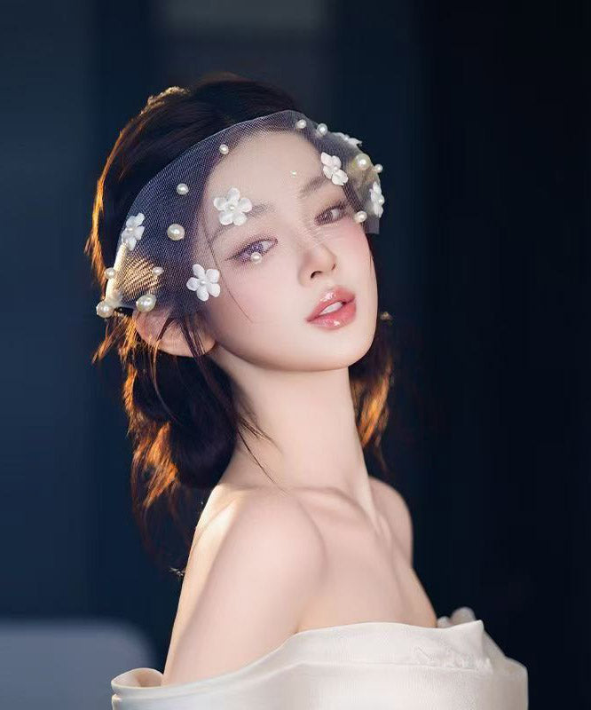 Elegant White Tulle Pearl Floral HairPiece