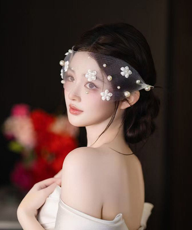 Elegant White Tulle Pearl Floral HairPiece