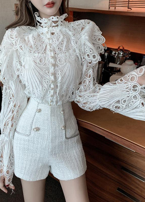 Elegant White Turtleneck Embroidered Lace Shirts Flare Sleeve