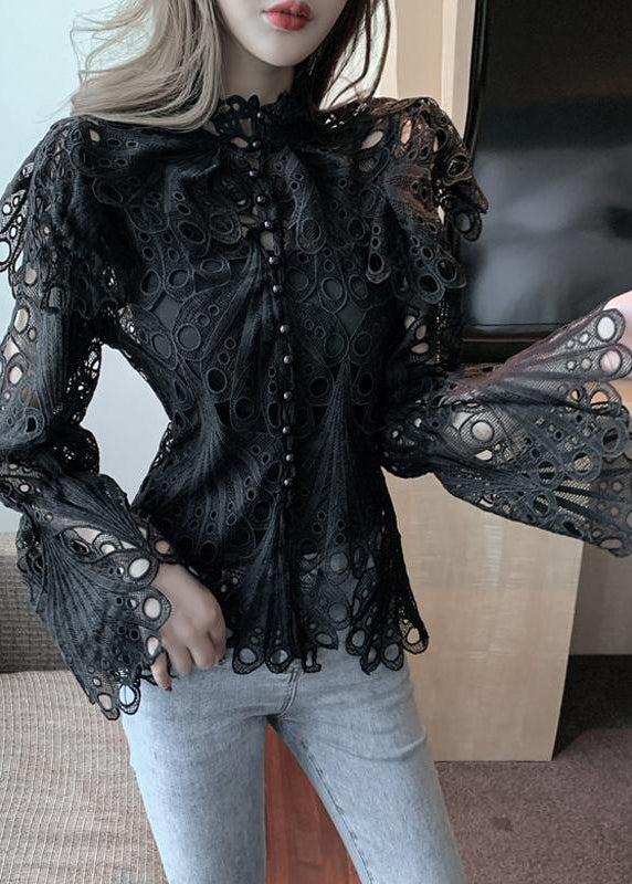 Elegant White Turtleneck Embroidered Lace Shirts Flare Sleeve