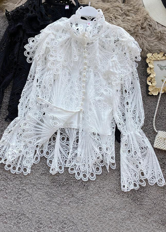 Elegant White Turtleneck Embroidered Lace Shirts Flare Sleeve