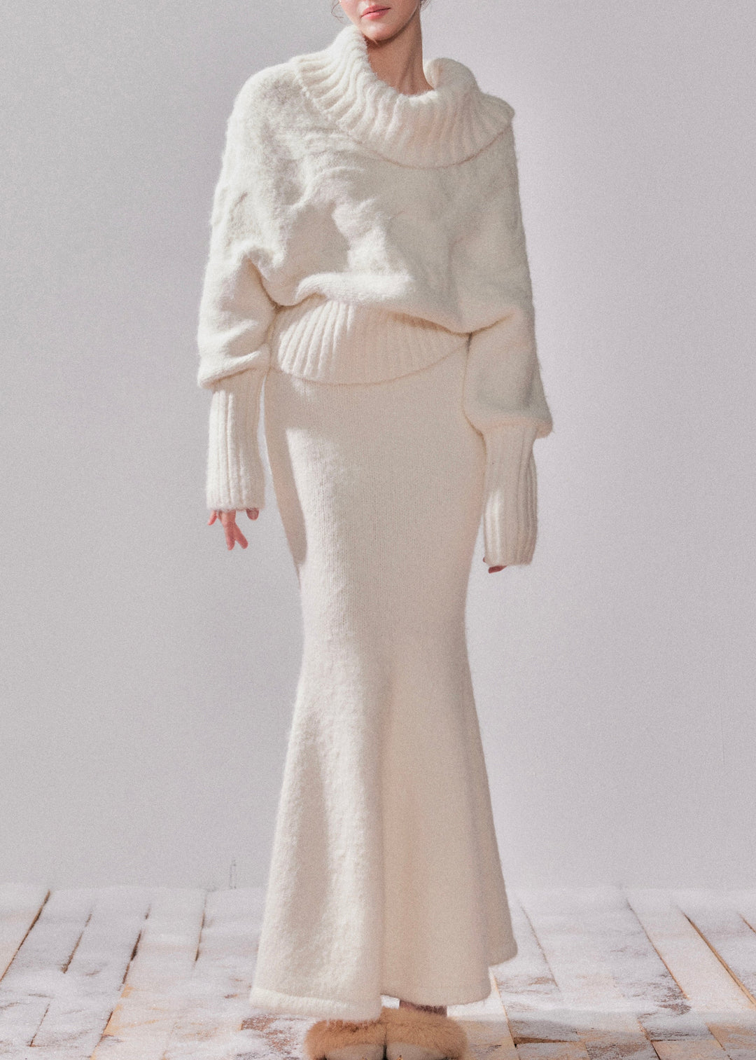 Elegant White Turtleneck Patchwork Cotton Knit Sweater And Maxi Dress Two-Piece Set Fall
