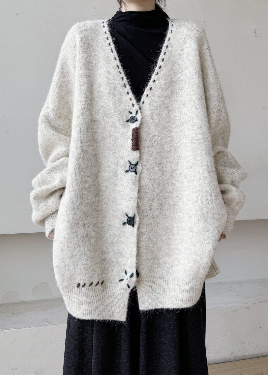 Elegant White V Neck Button Down Knit Loose Jacket Winter