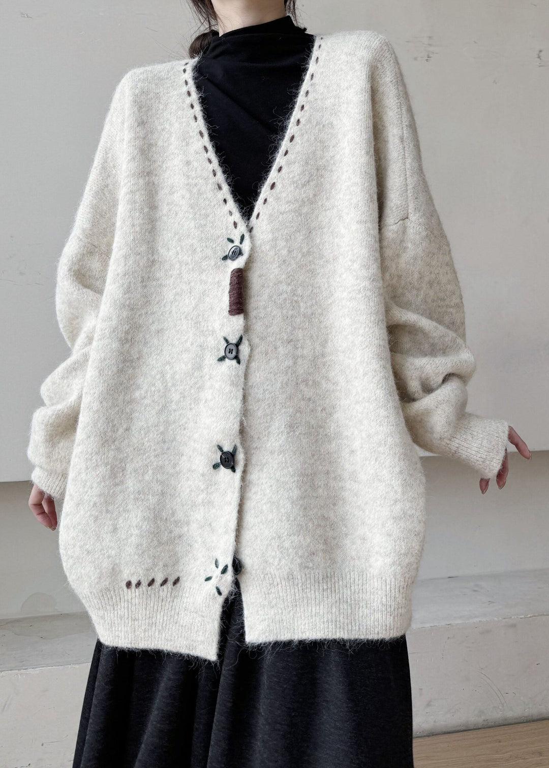 Elegant White V Neck Button Down Knit Loose Jacket Winter