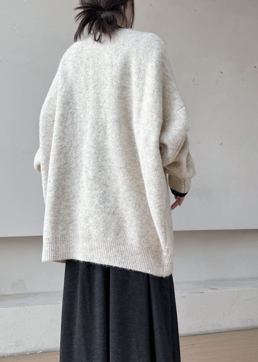 Elegant White V Neck Button Down Knit Loose Jacket Winter