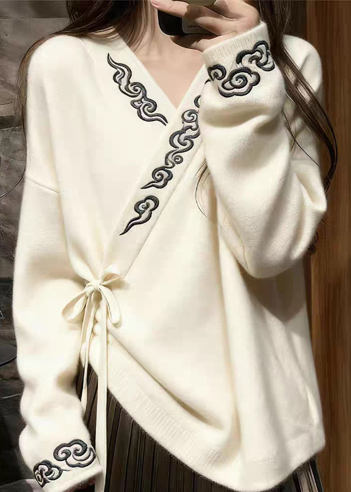 Elegant White V Neck Embroidered Lace Up Knit Sweaters Fall