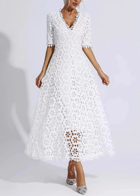 Elegant White V Neck Hollow Out Lace Dress Summer