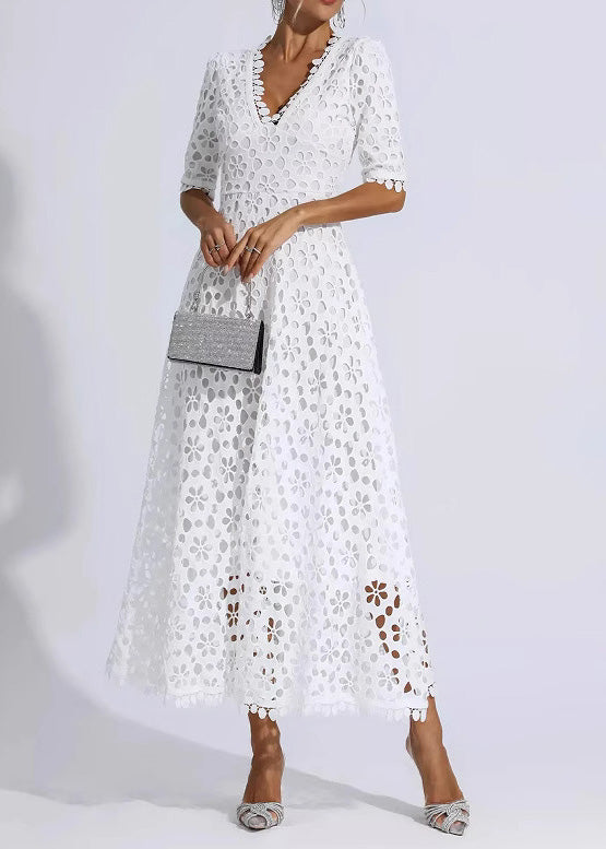 Elegant White V Neck Hollow Out Lace Dress Summer