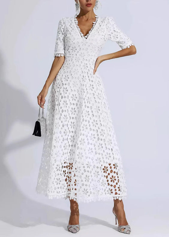 Elegant White V Neck Hollow Out Lace Dress Summer