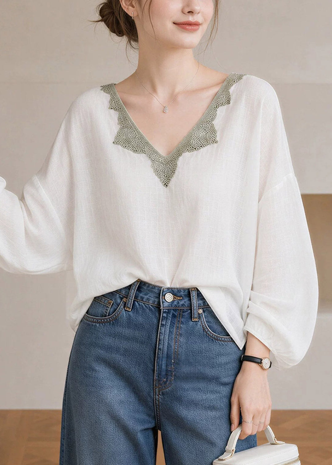Elegant White V Neck Lace Patchwork Tops Lantern Sleeve