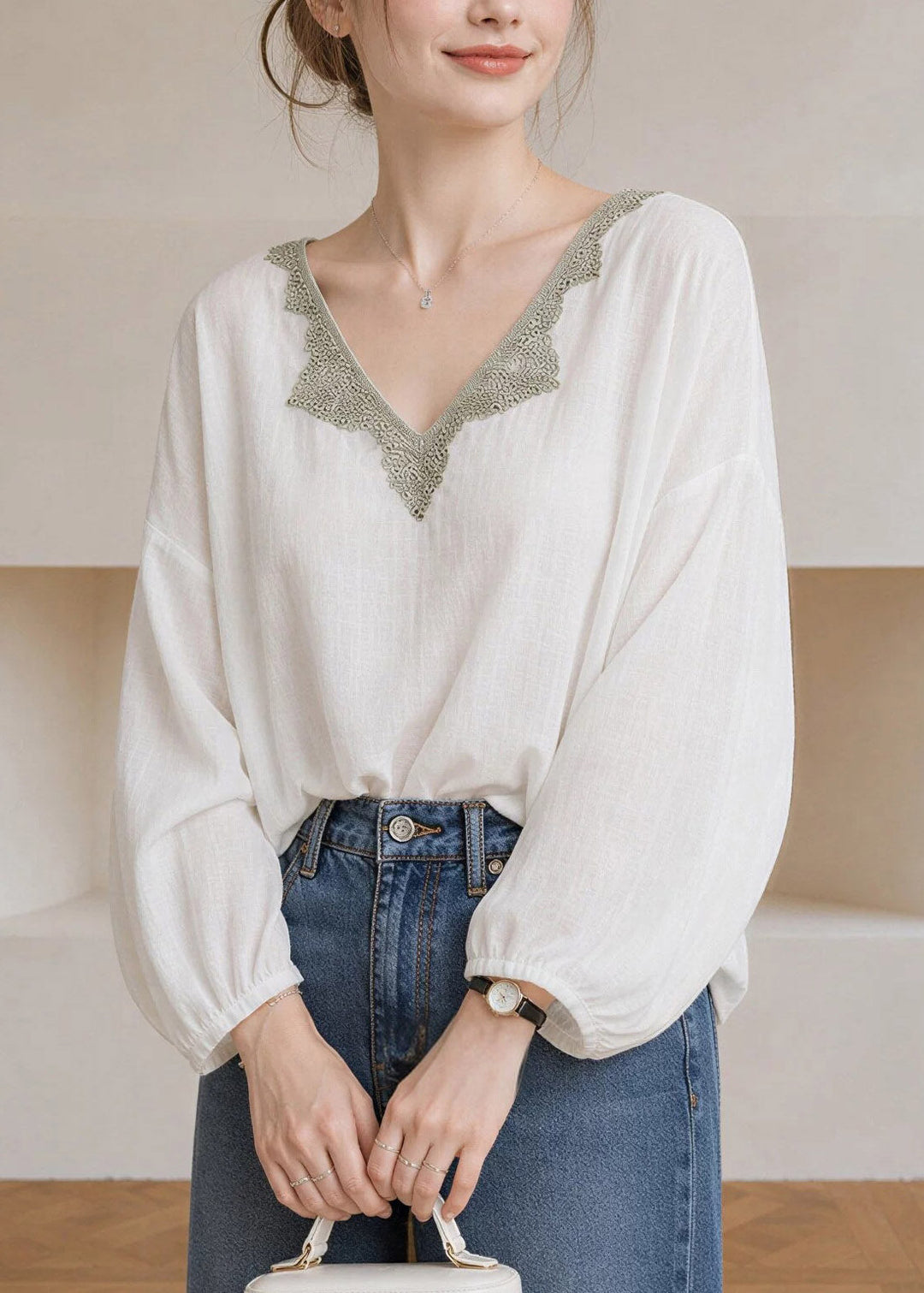 Elegant White V Neck Lace Patchwork Tops Lantern Sleeve