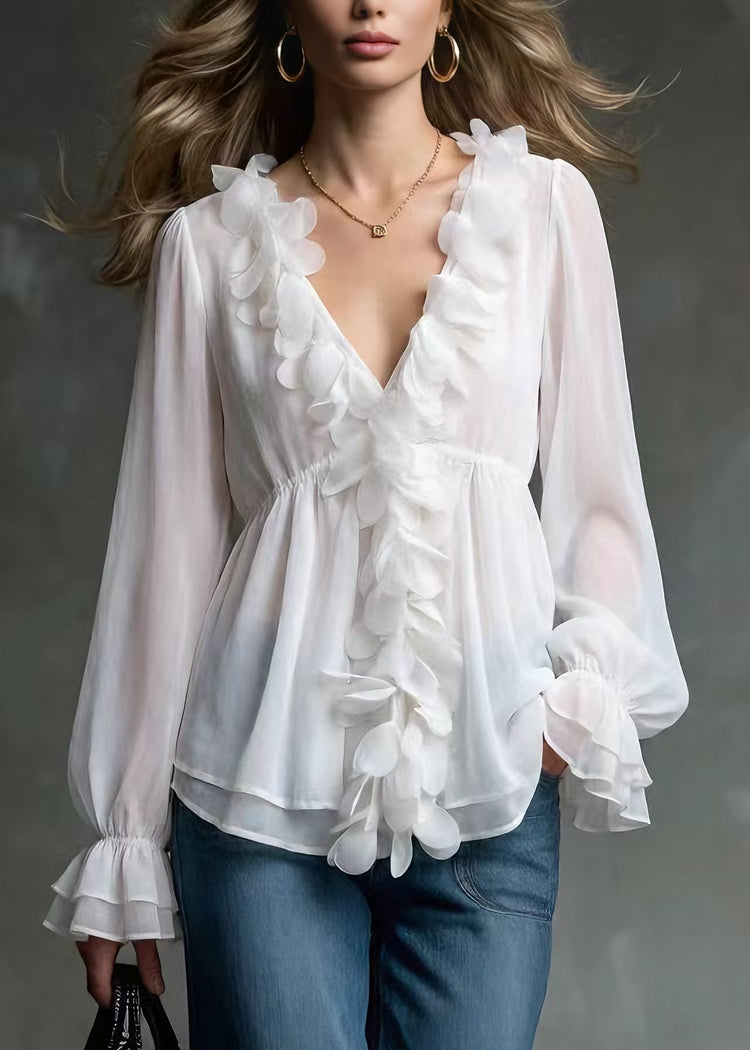 Elegant White V Neck Petal Chiffon Shirts Spring - Omychic