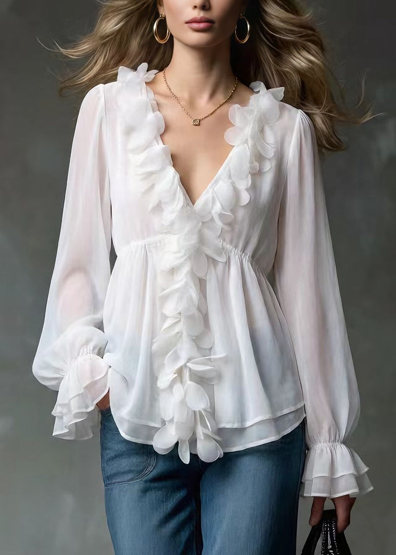 Elegant White V Neck Petal Chiffon Shirts Spring - Omychic