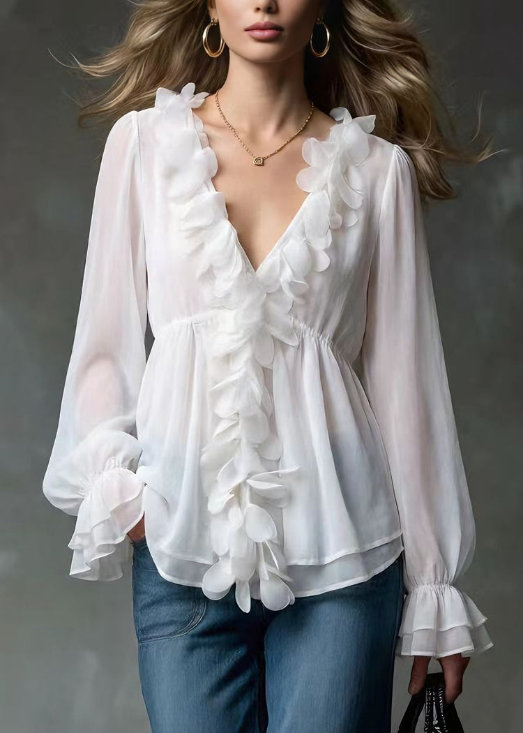 Elegant White V Neck Petal Chiffon Shirts Spring - Omychic