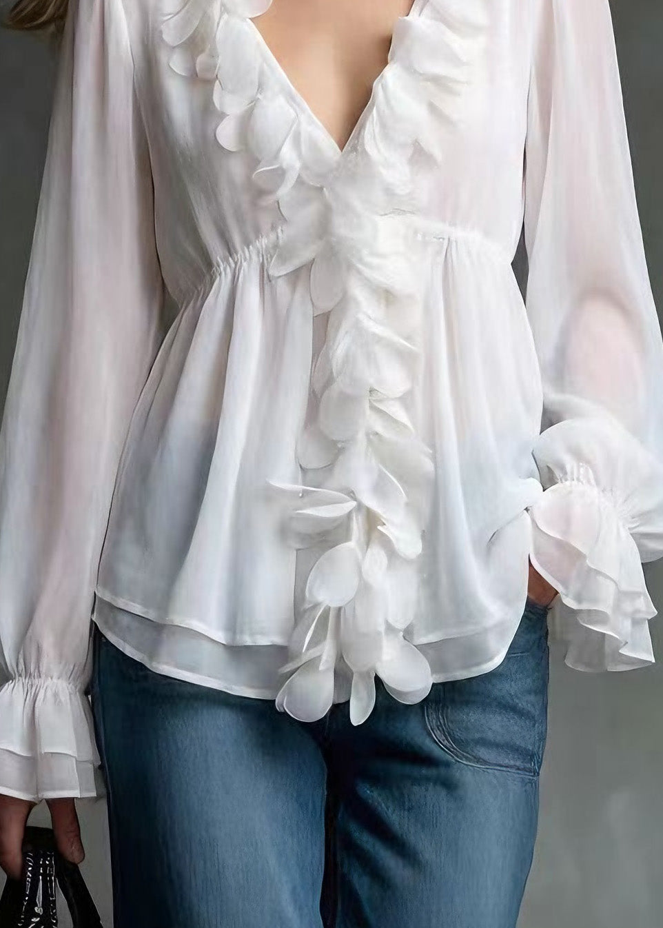 Elegant White V Neck Petal Chiffon Shirts Spring - Omychic