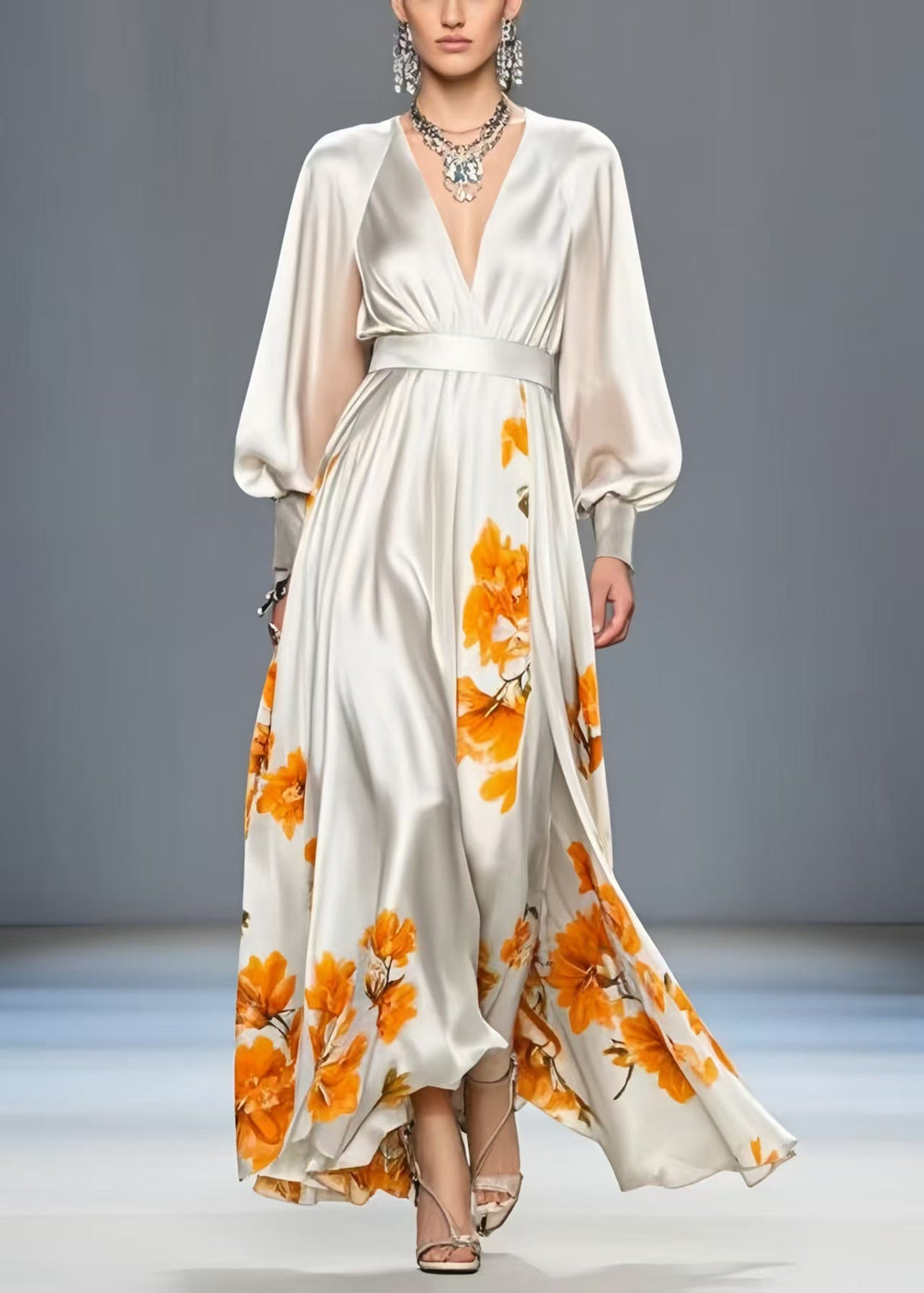 Elegant White V Neck Print Silk Cinched Dress Spring