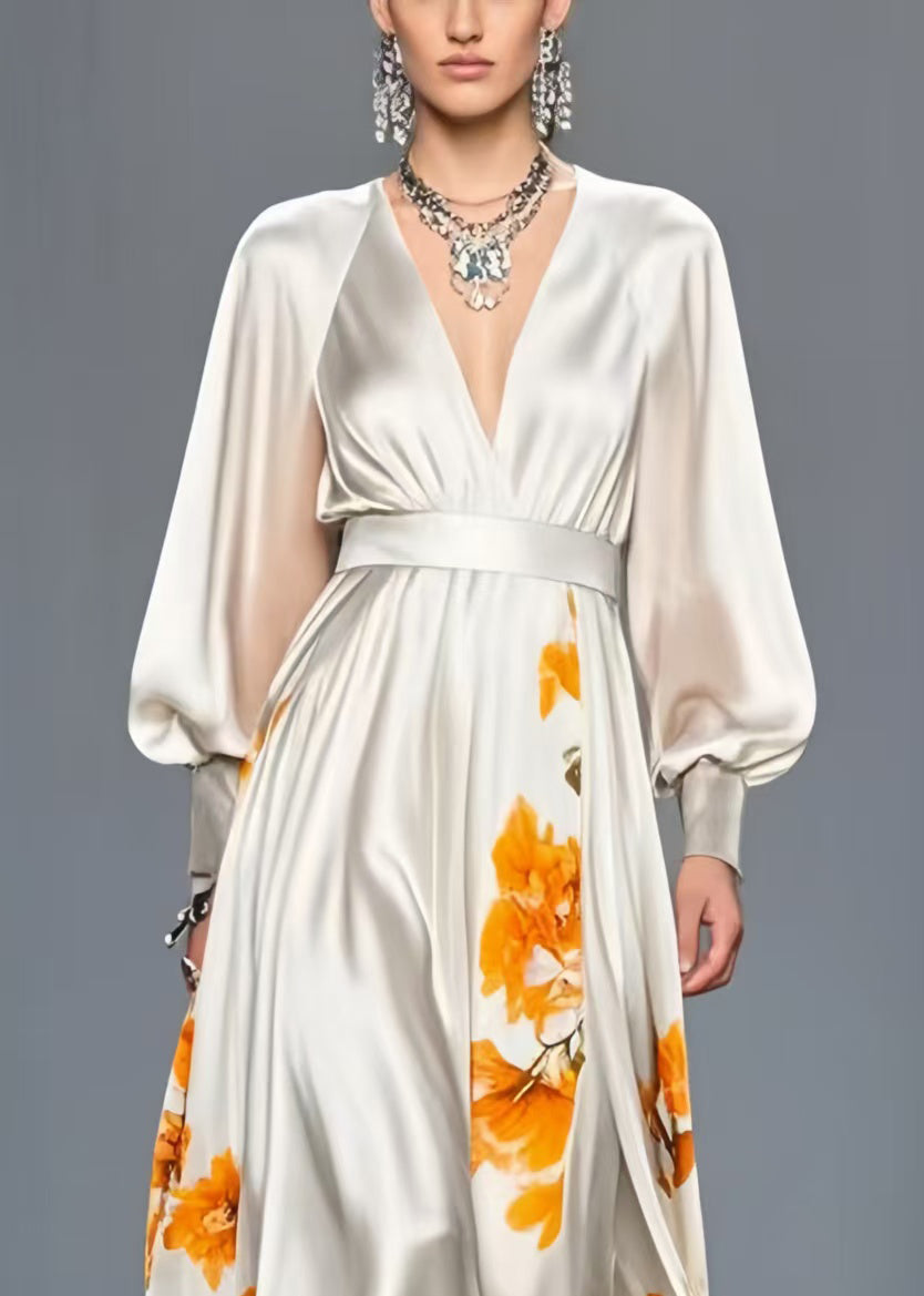 Elegant White V Neck Print Silk Cinched Dress Spring