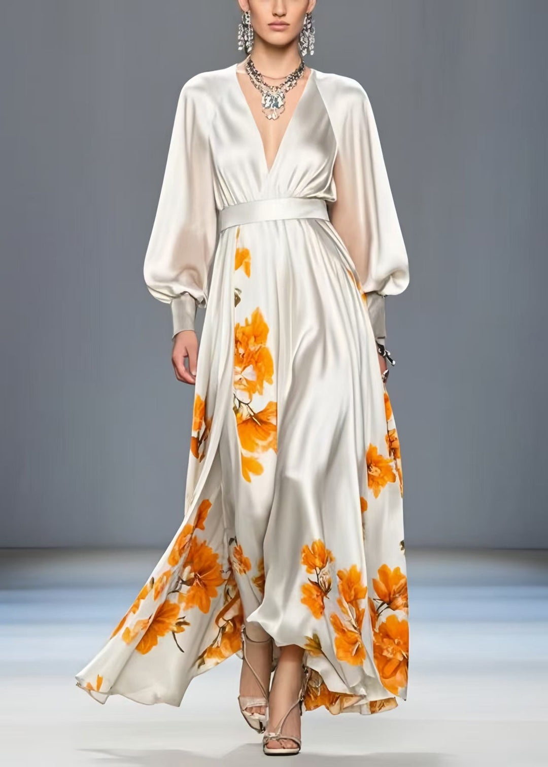 Elegant White V Neck Print Silk Cinched Dress Spring