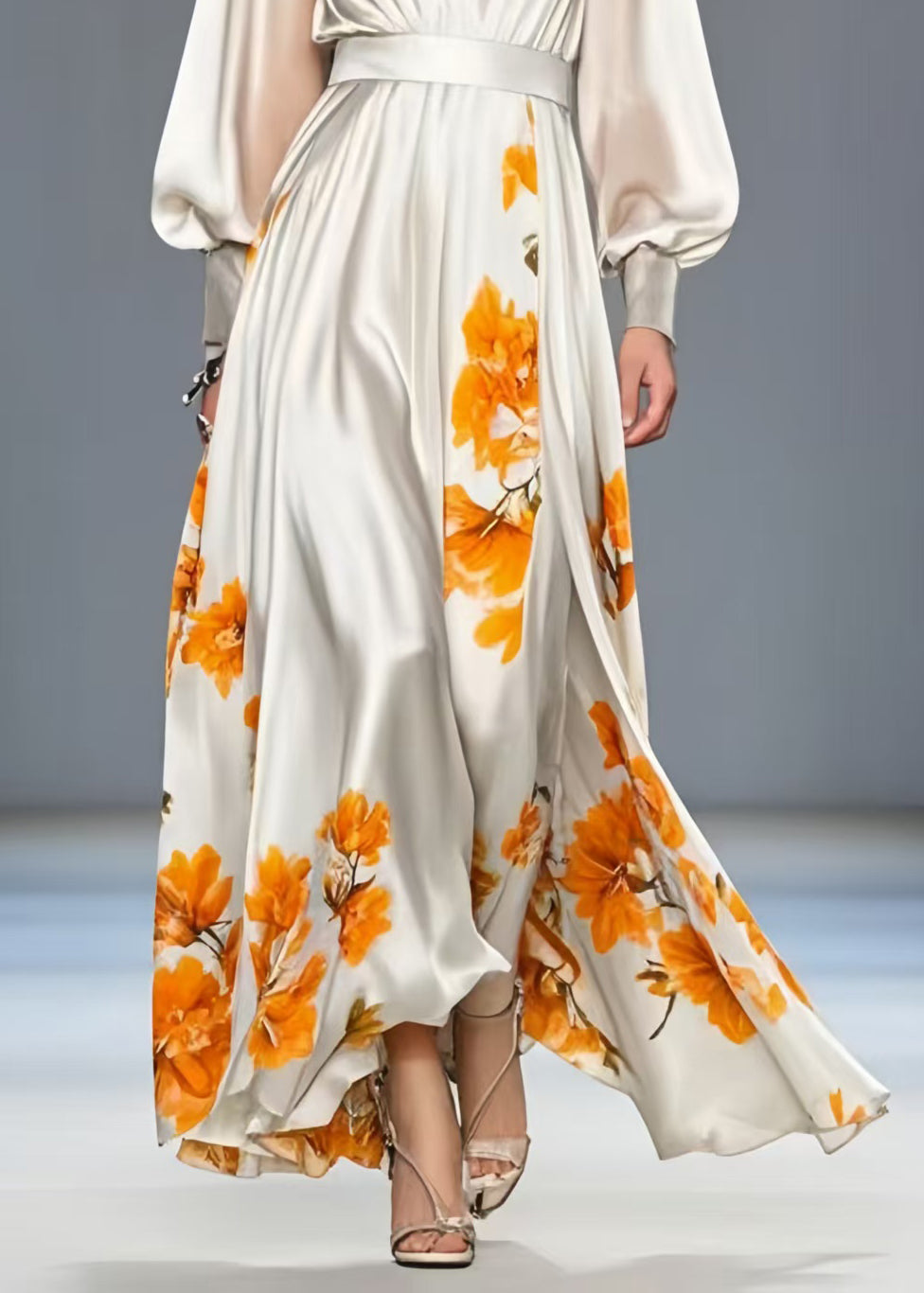 Elegant White V Neck Print Silk Cinched Dress Spring