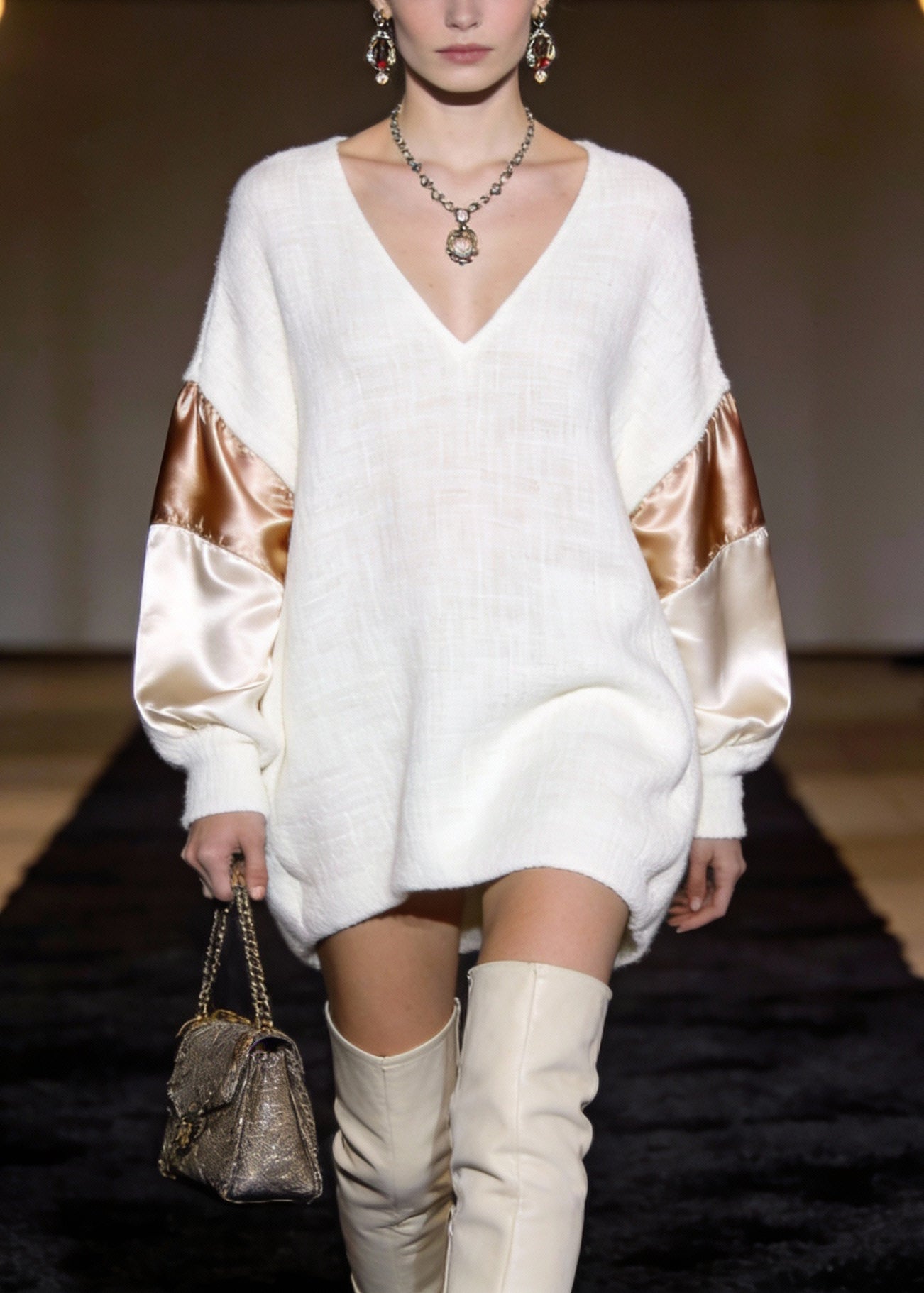 Elegant White V Neck Silk Patchwork Mini Dresses Spring - Omychic