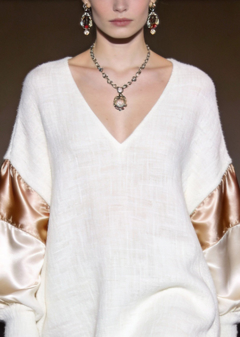 Elegant White V Neck Silk Patchwork Mini Dresses Spring - Omychic