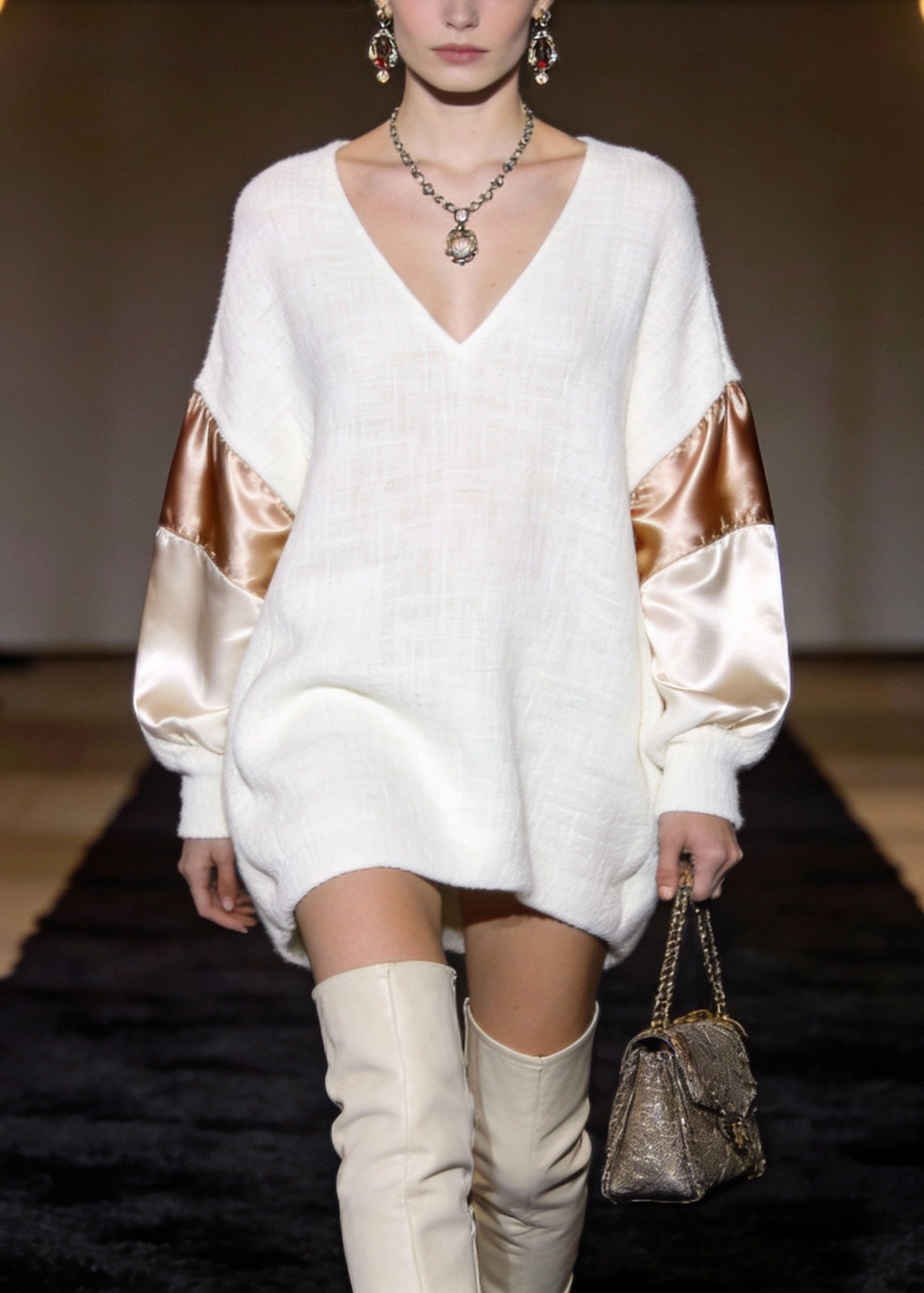 Elegant White V Neck Silk Patchwork Mini Dresses Spring - Omychic