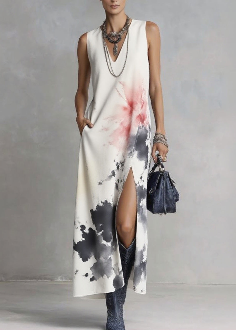Elegant White V Neck Tie Dye Maxi Dresses Sleeveless - Omychic
