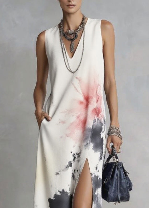 Elegant White V Neck Tie Dye Maxi Dresses Sleeveless - Omychic