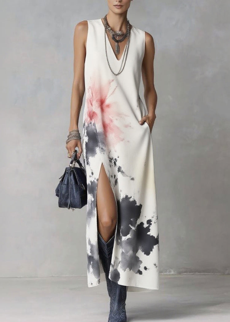 Elegant White V Neck Tie Dye Maxi Dresses Sleeveless - Omychic