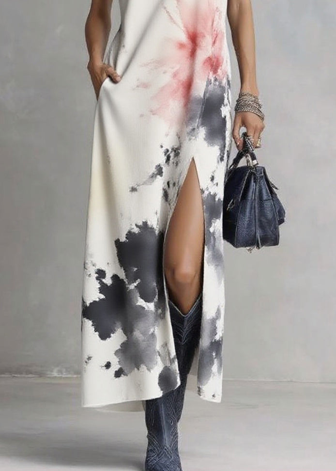 Elegant White V Neck Tie Dye Maxi Dresses Sleeveless - Omychic