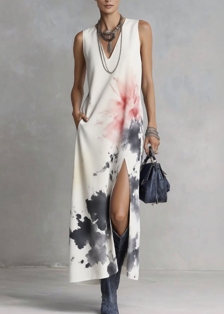 Elegant White V Neck Tie Dye Maxi Dresses Sleeveless - Omychic