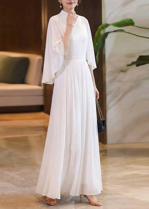 Elegant White Wrinkled Patchwork Chiffon Maxi Dresses Summer