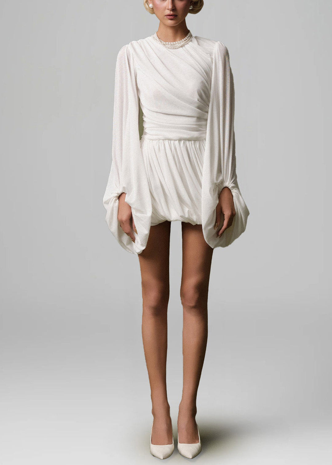 Elegant White Wrinkled Solid Cotton Mini Dresses Lantern Sleeve