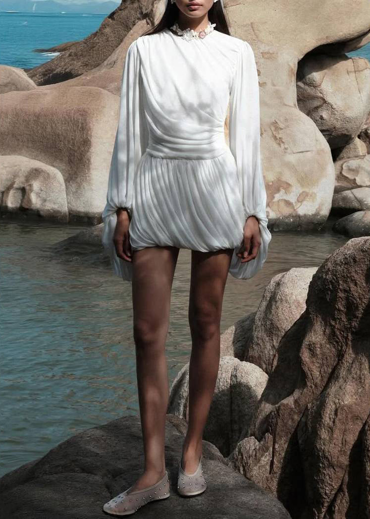 Elegant White Wrinkled Solid Cotton Mini Dresses Lantern Sleeve