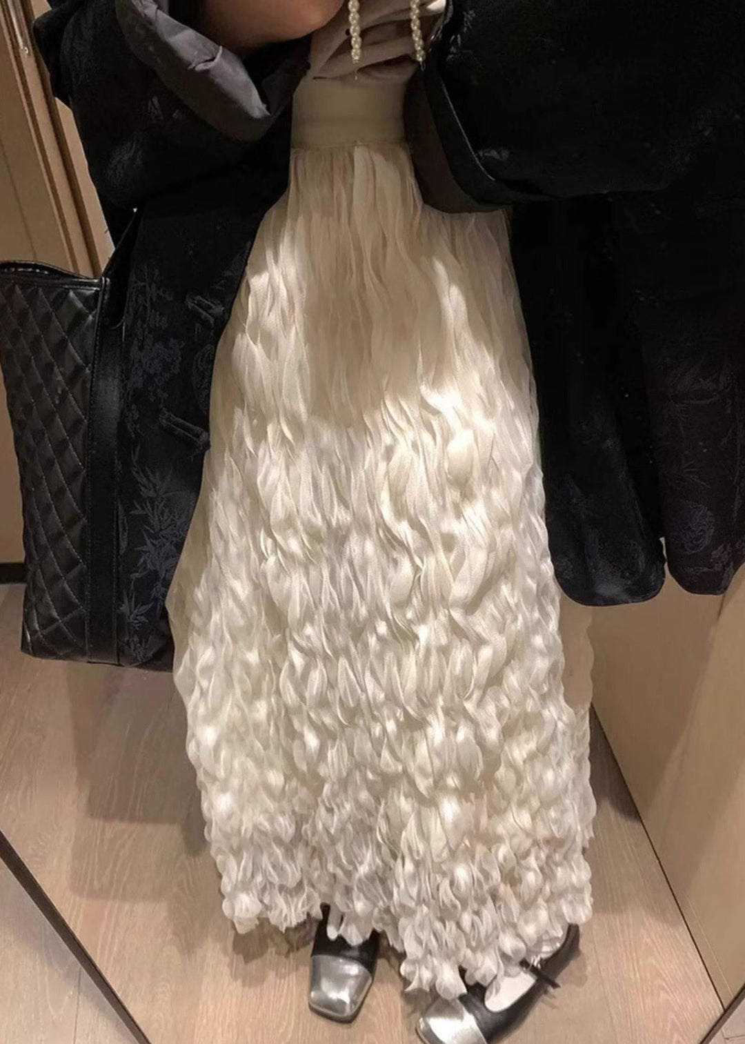 Elegant White Wrinkled Solid Elastic Waist Tulle Skirt Fall