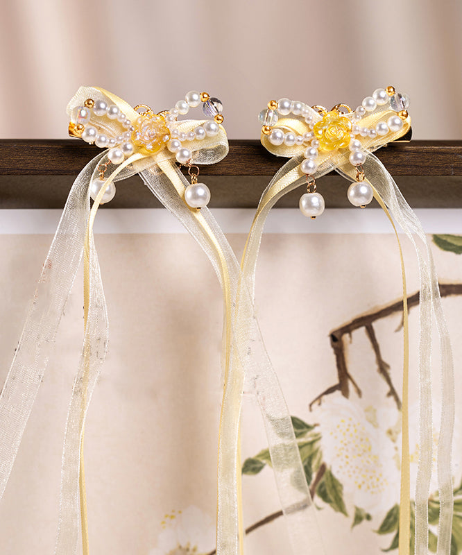 Elegant Yellow Copper Alloy Chiffon Pearl Colored Glaze Ribbon Kids Hairpin