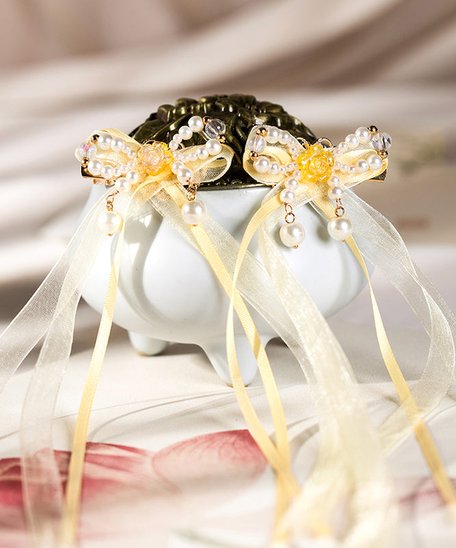 Elegant Yellow Copper Alloy Chiffon Pearl Colored Glaze Ribbon Kids Hairpin