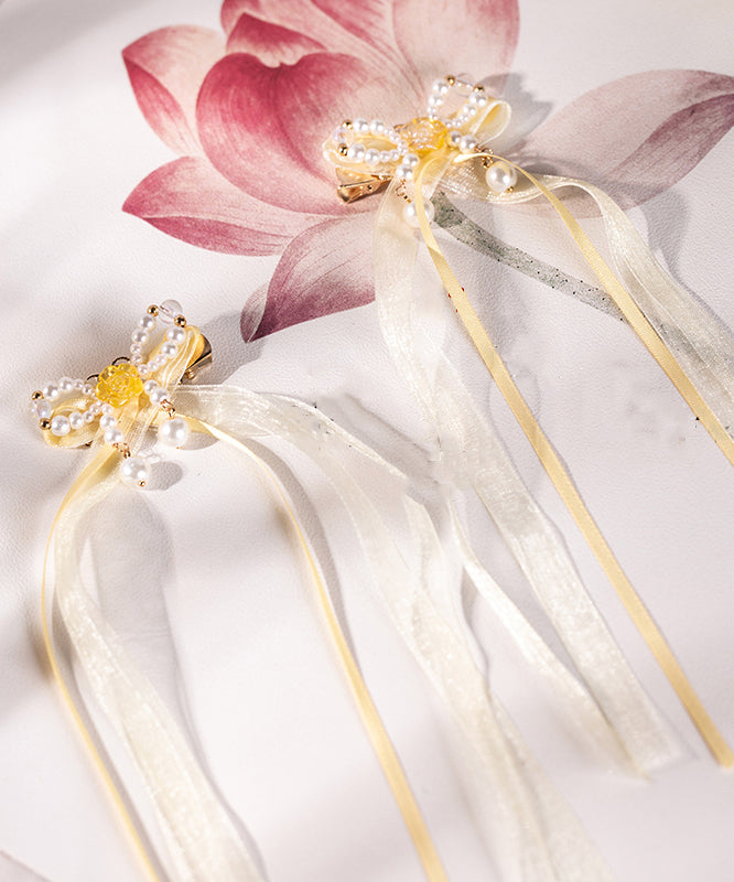 Elegant Yellow Copper Alloy Chiffon Pearl Colored Glaze Ribbon Kids Hairpin
