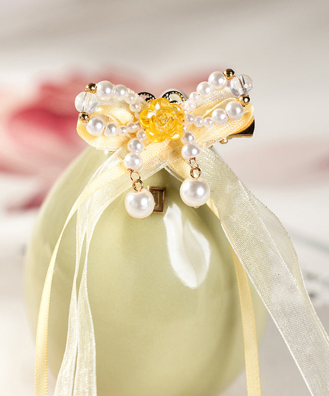 Elegant Yellow Copper Alloy Chiffon Pearl Colored Glaze Ribbon Kids Hairpin