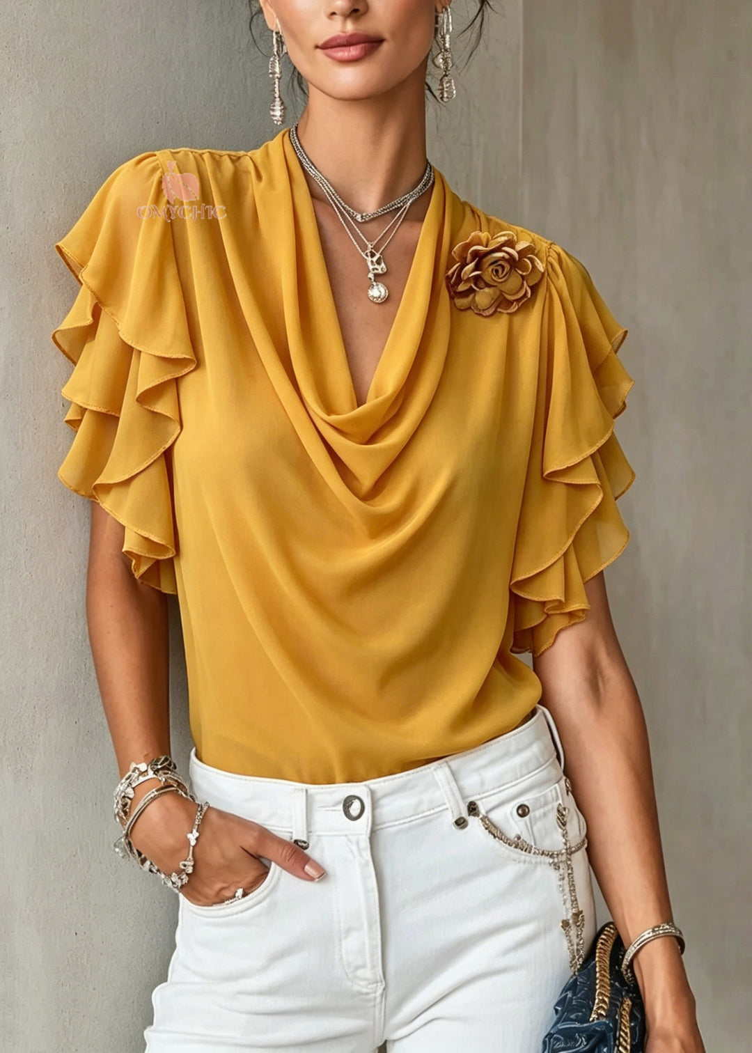 Elegant Yellow Floral Chiffon Shirts Butterfly Sleeve