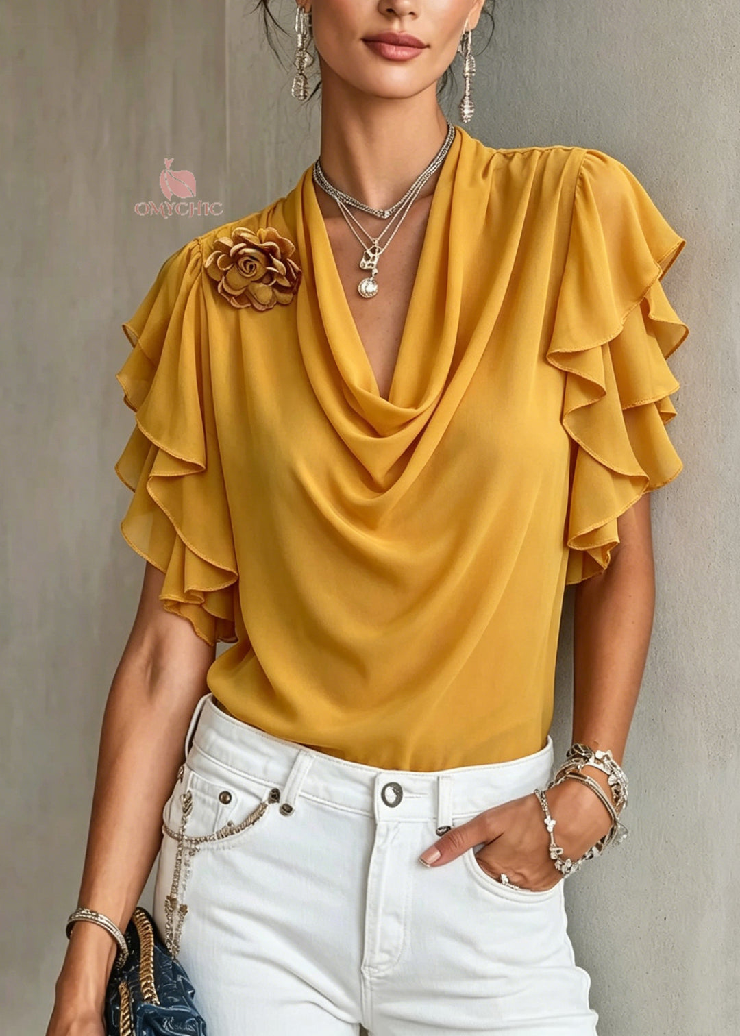 Elegant Yellow Floral Chiffon Shirts Butterfly Sleeve