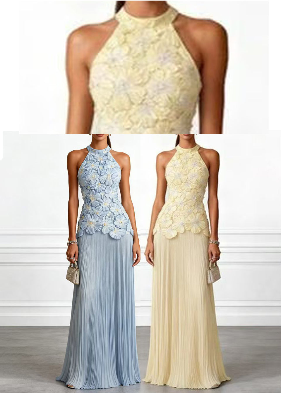 Elegant Yellow Halter Stereoscopic Floral Wrinkled Maxi Dresses Sleeveless