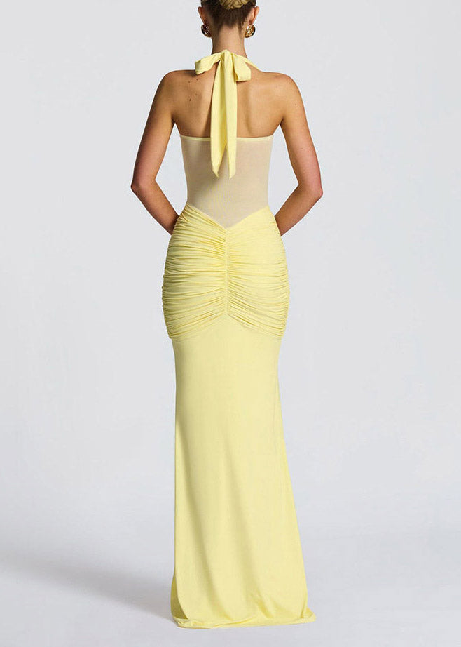 Elegant Yellow Halter Tulle Patchwork Flattering Long Dress Summer