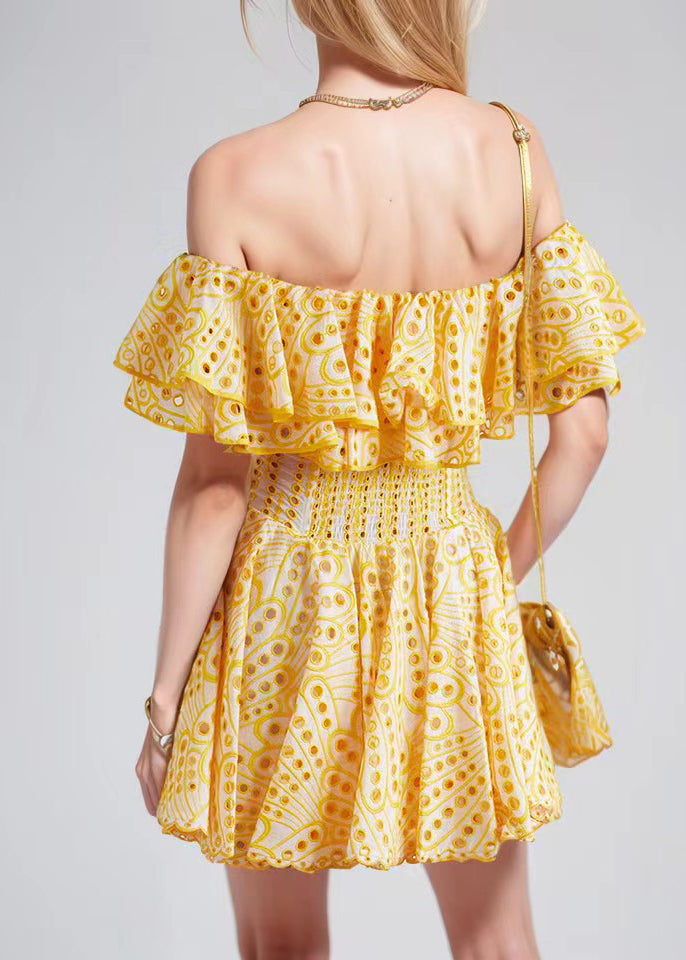 Elegant Yellow Hollow Out Ruffled Print Cotton Mini Dress Summer