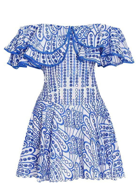 Elegant Yellow Hollow Out Ruffled Print Cotton Mini Dress Summer