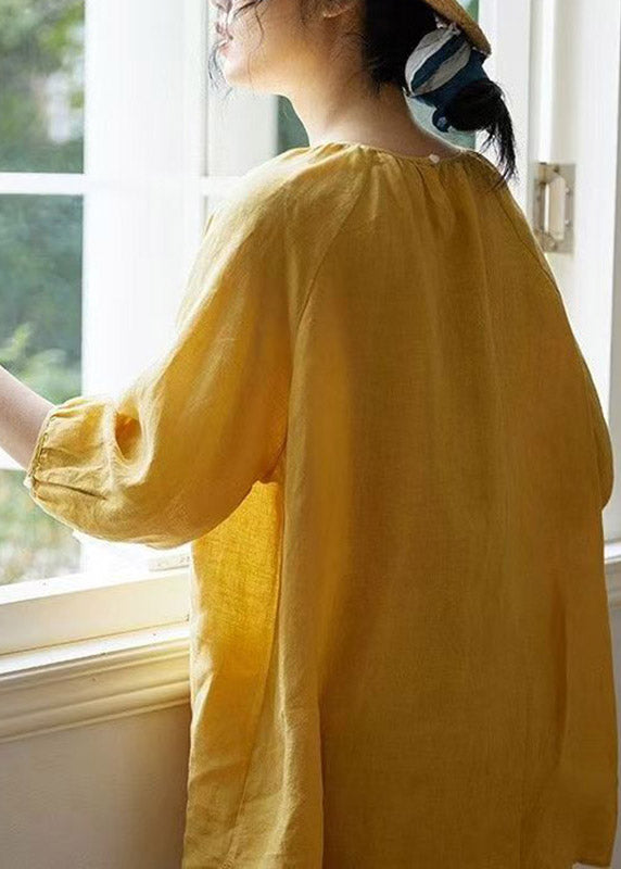 Elegant Yellow O-Neck Embroidered Patchwork Solid Linen Shirt Spring