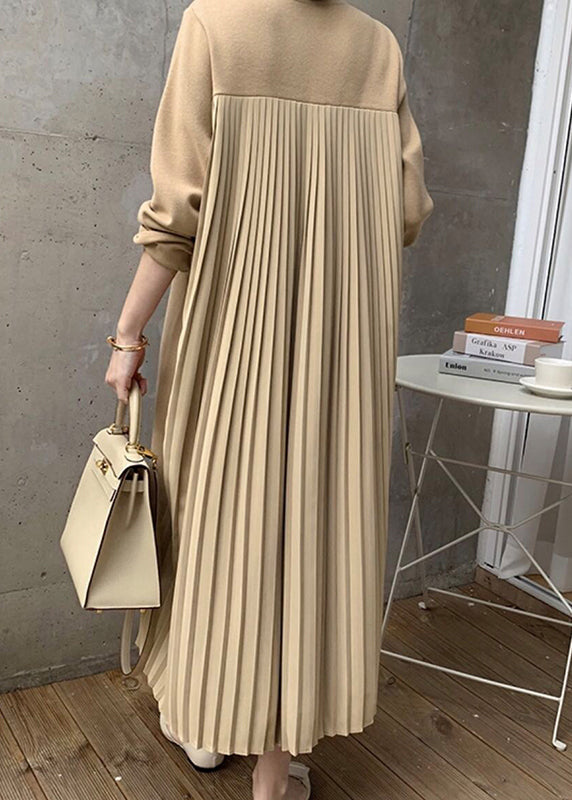 Elegant Yellow O Neck Wrinkled Patchwork Cotton Long Dress Winter