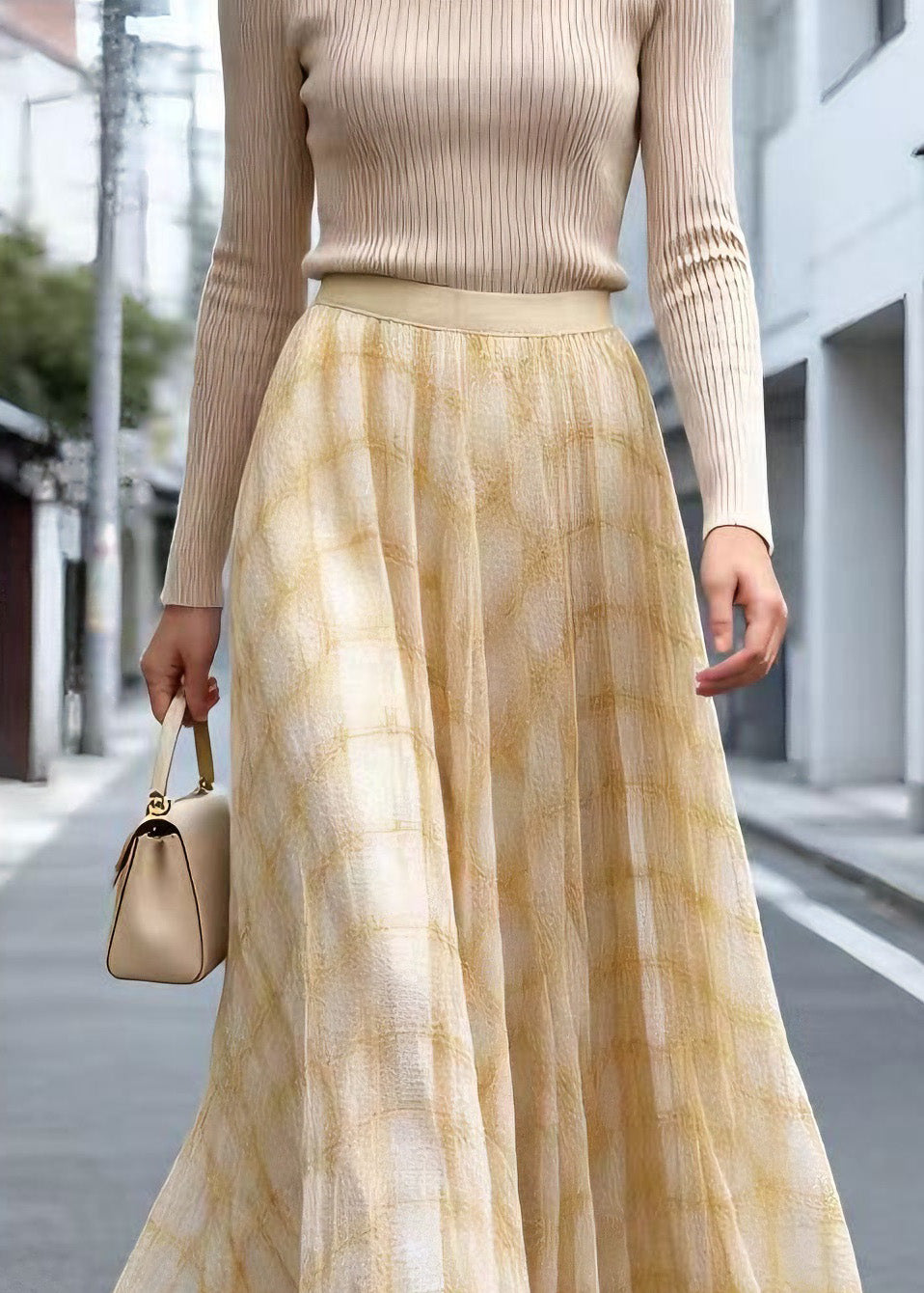 Elegant Yellow Plaid Wrinkled Tulle Skirt Summer
